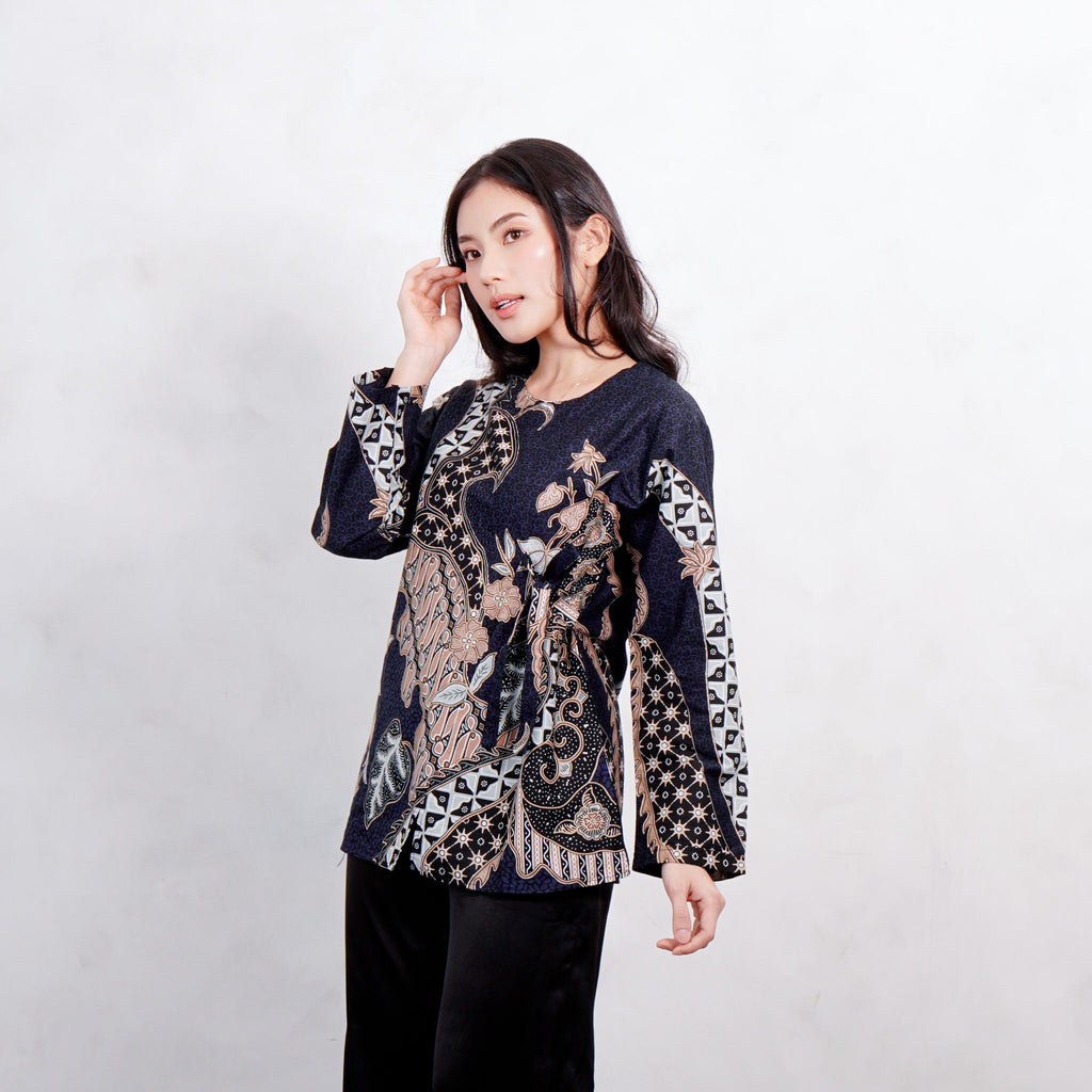 Swipe Up Kemeja Batik Blouse Wanita Modern Akai Navy Cream