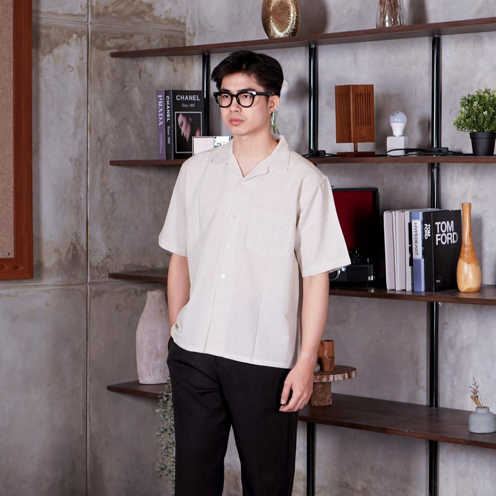 Swipe Up Kemeja Linen Oversize Cuban Bowling Shirt Linen Premium Kerah Lengan Pendek Cream