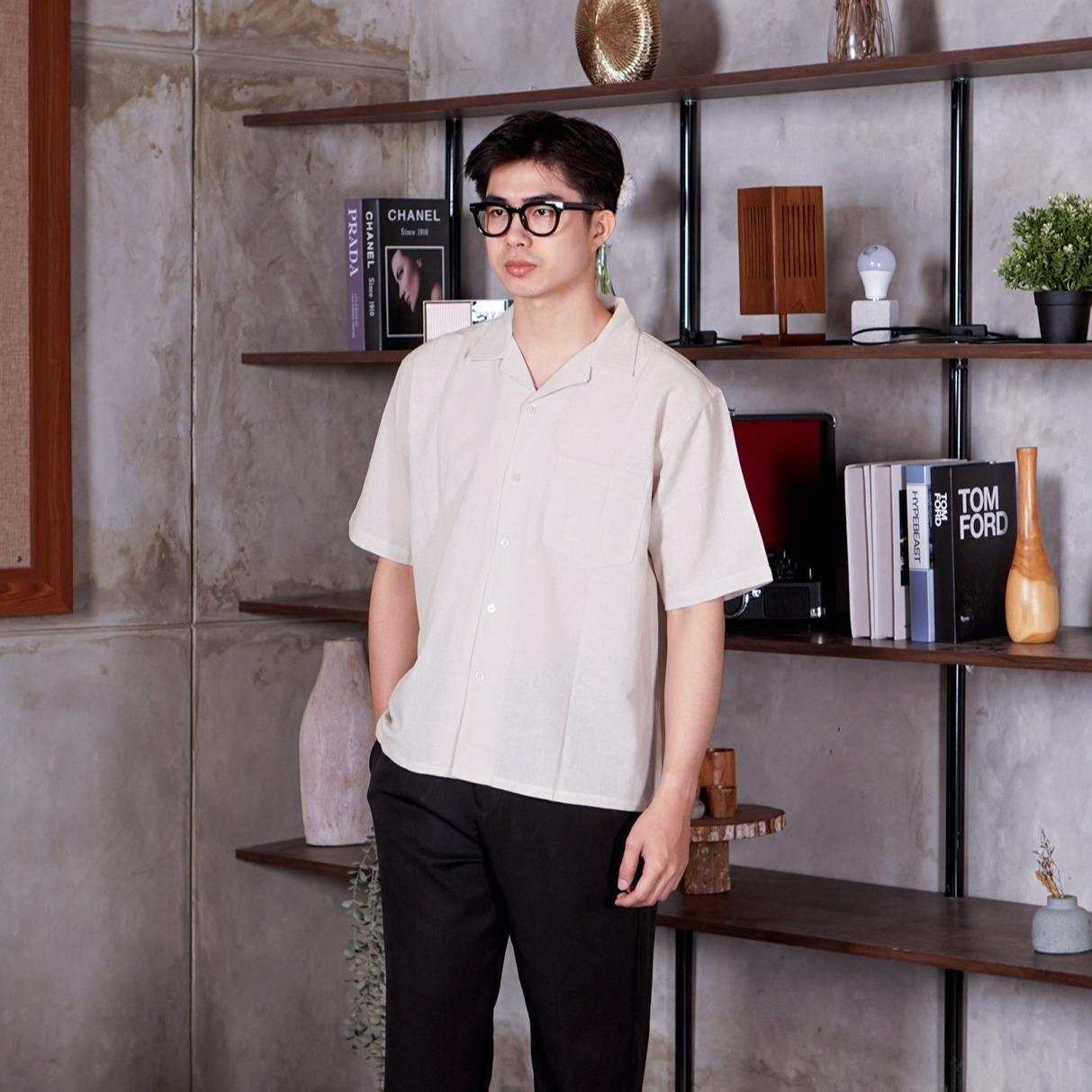 Swipe Up Kemeja Linen Oversize Cuban Bowling Shirt Linen Premium Kerah Lengan Pendek Cream