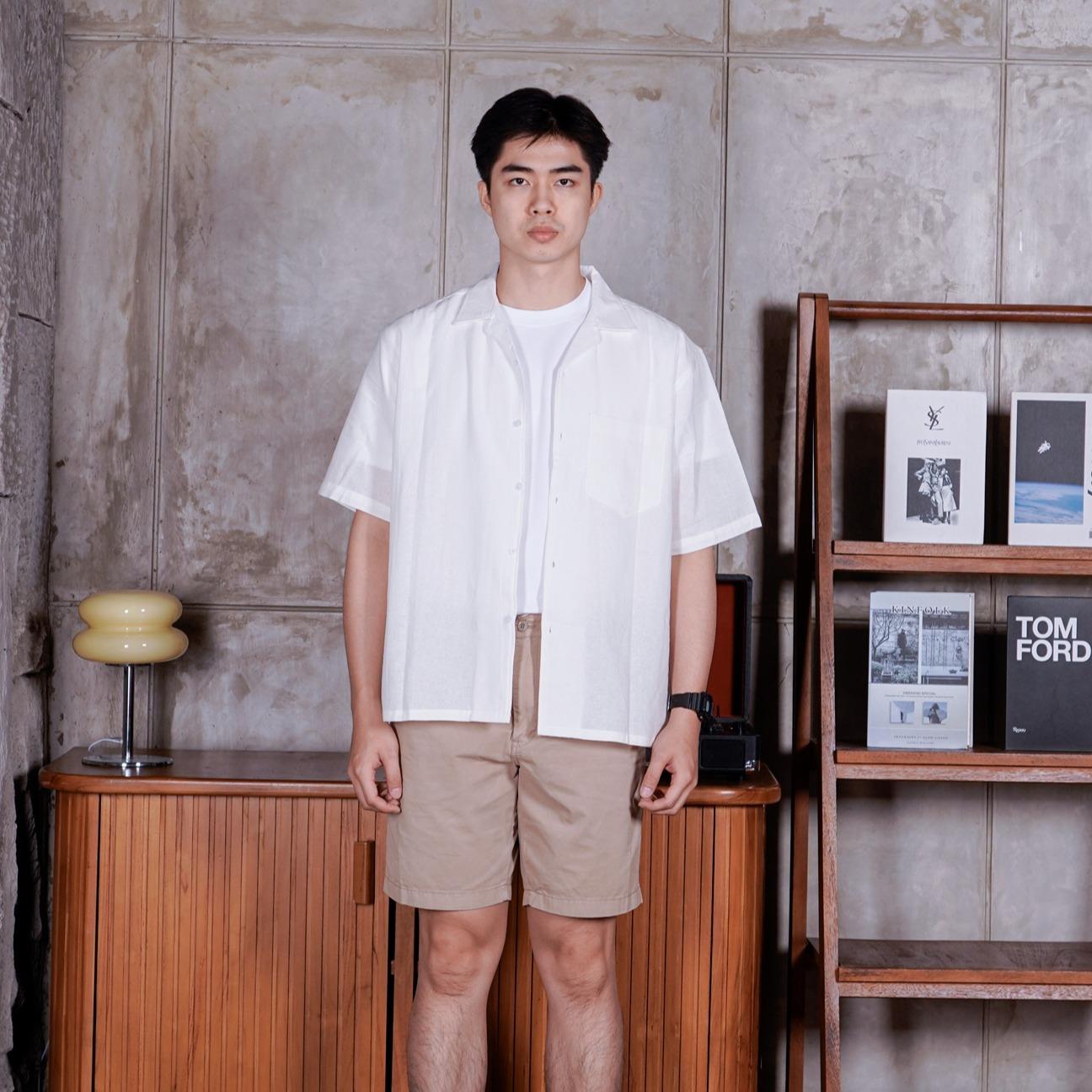Swipe Up Kemeja Linen Oversize Cuban Bowling Shirt Linen Premium Kerah Lengan Pendek White