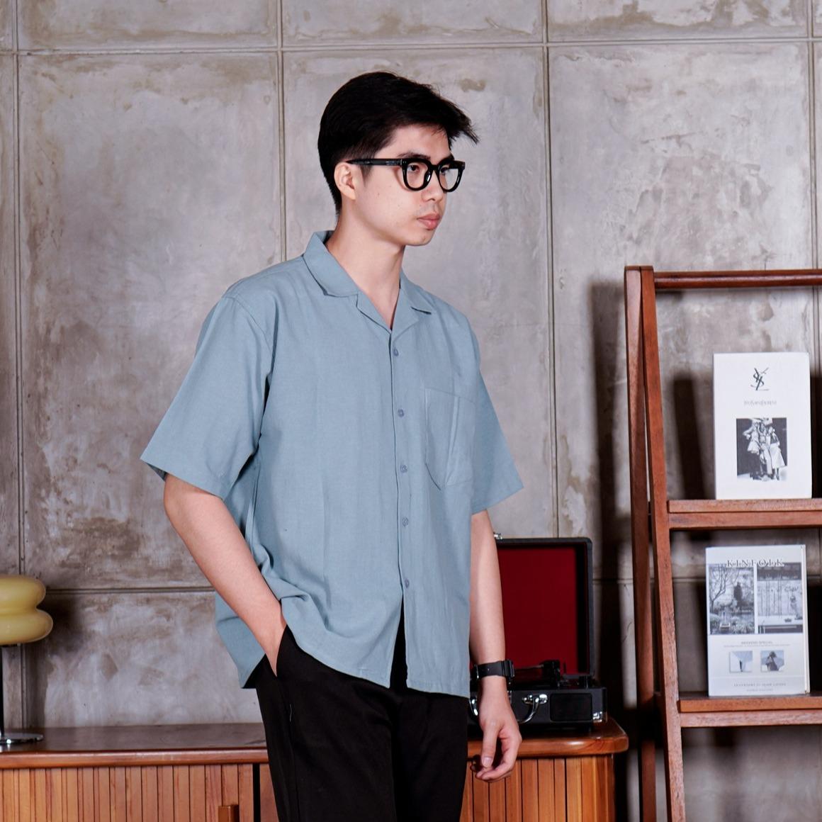 Swipe Up Kemeja Linen Oversize Cuban Bowling Shirt Linen Premium Kerah Lengan Pendek Sage