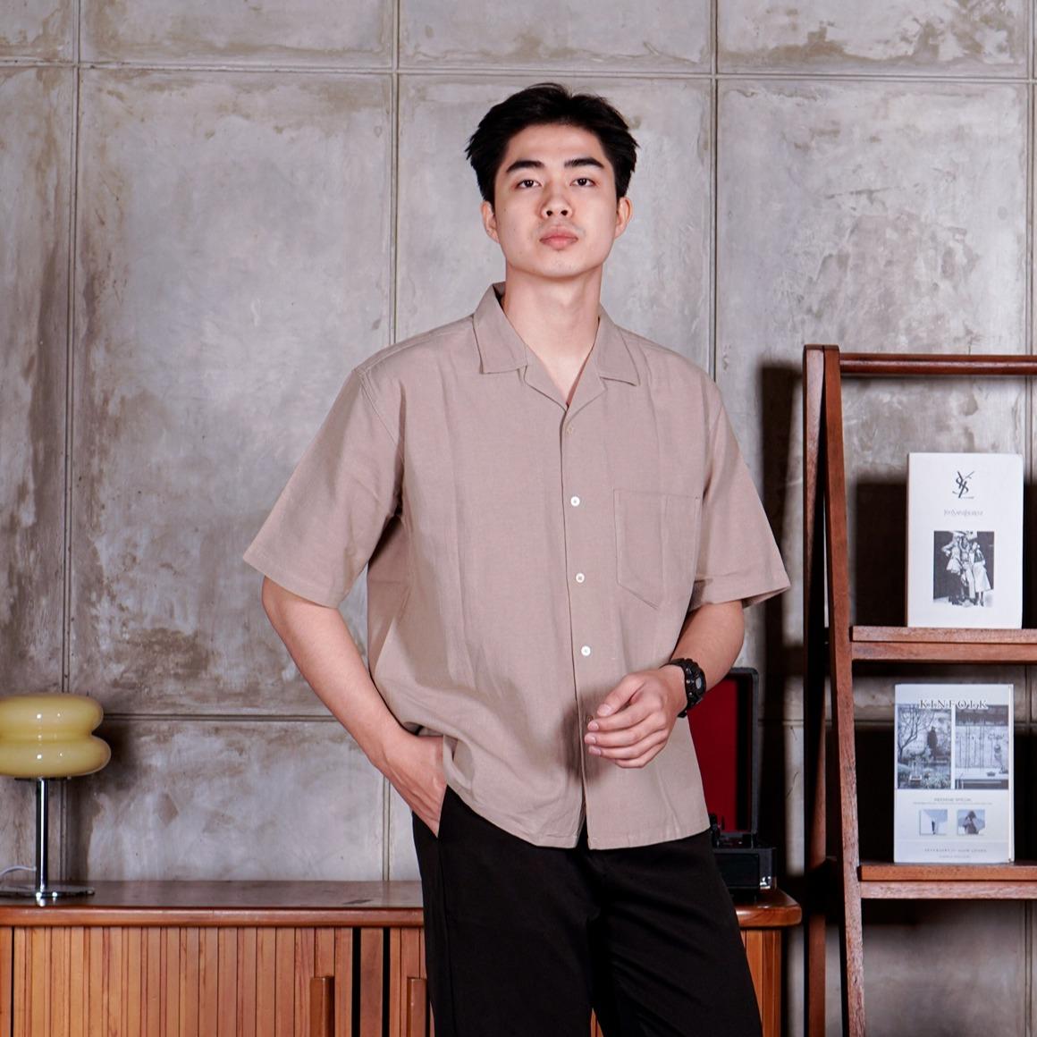 Swipe Up Kemeja Linen Oversize Cuban Bowling Shirt Linen Premium Kerah Lengan Pendek Cream