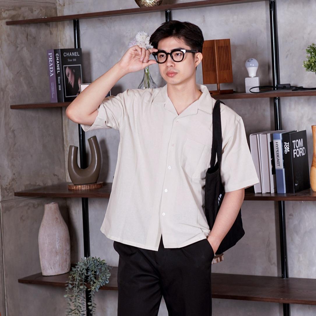 Swipe Up Kemeja Linen Oversize Cuban Bowling Shirt Linen Premium Kerah Lengan Pendek White
