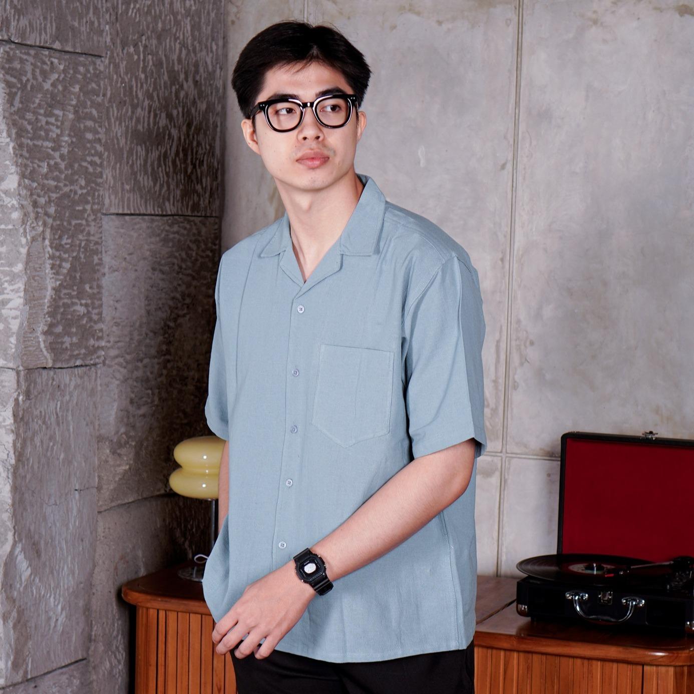 Swipe Up Kemeja Linen Oversize Cuban Bowling Shirt Linen Premium Kerah Lengan Pendek Sage