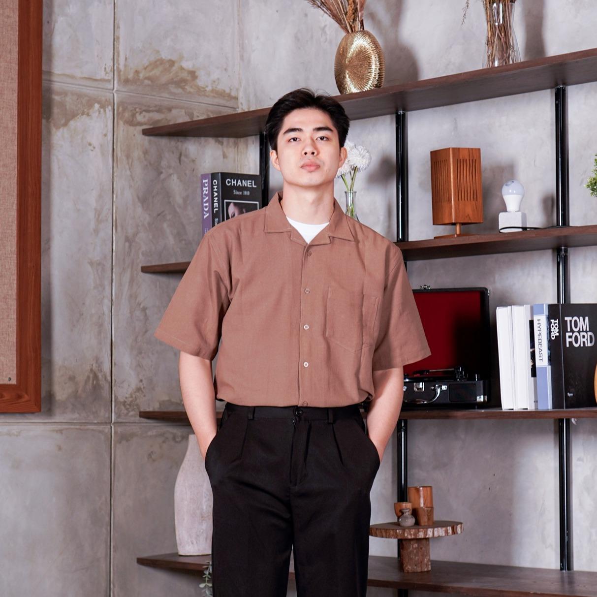 Swipe Up Kemeja Linen Oversize Cuban Bowling Shirt Linen Premium Kerah Lengan Pendek Cream