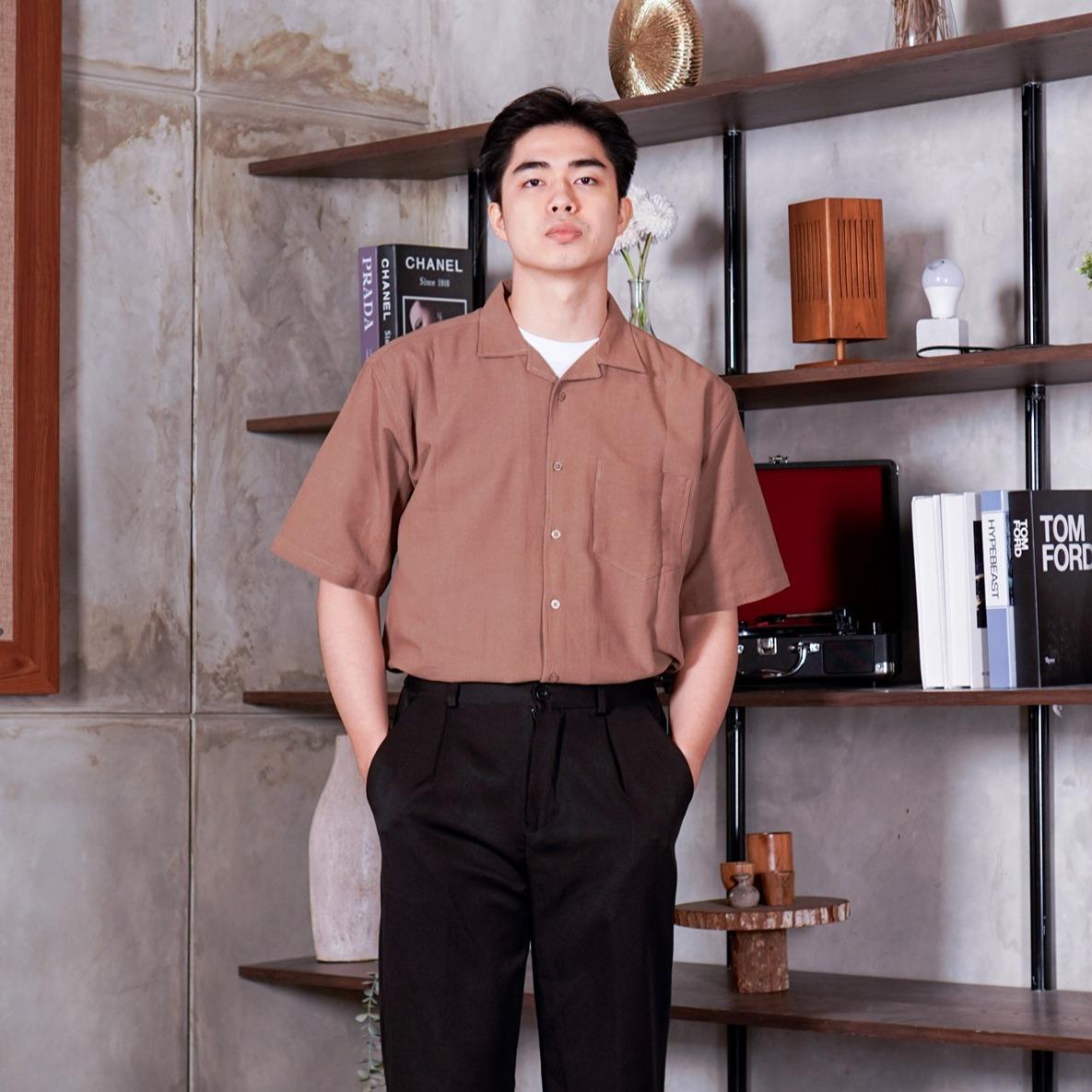 Swipe Up Kemeja Linen Oversize Cuban Bowling Shirt Linen Premium Kerah Lengan Pendek Beige
