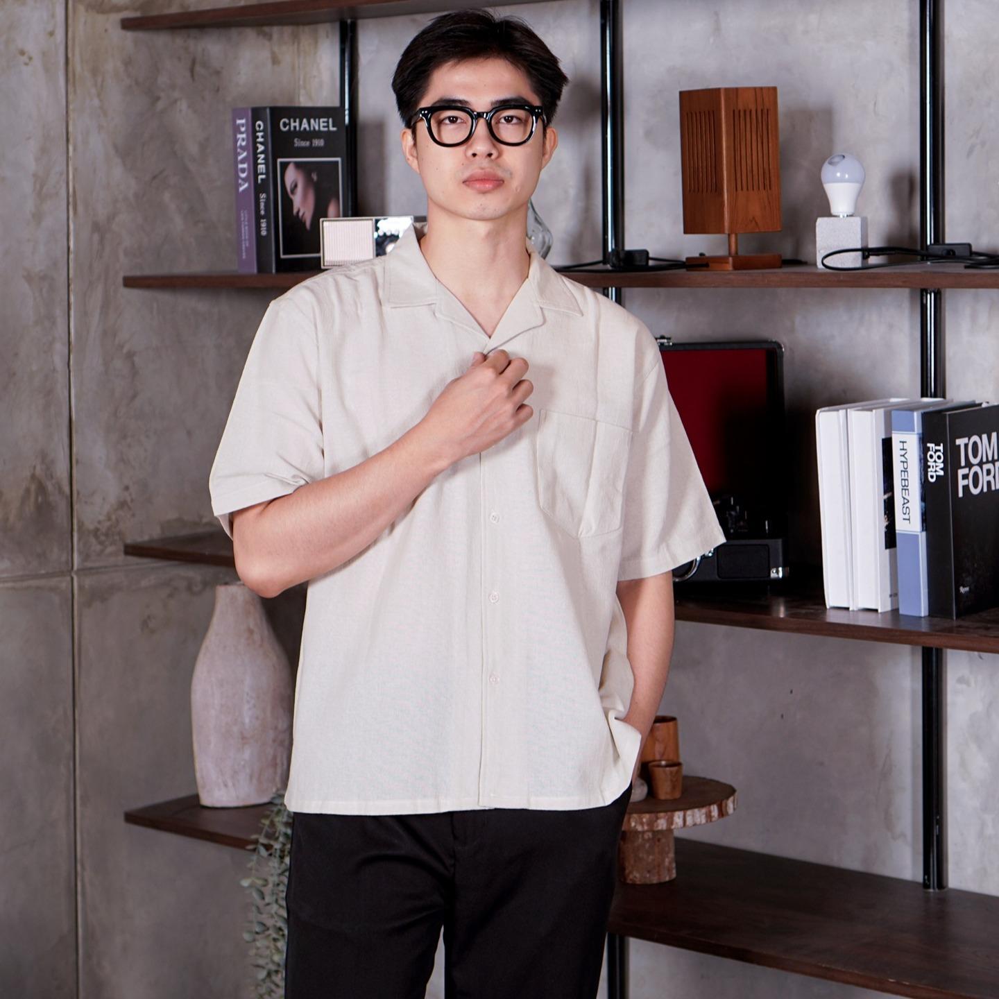 Swipe Up Kemeja Linen Oversize Cuban Bowling Shirt Linen Premium Kerah Lengan Pendek Beige
