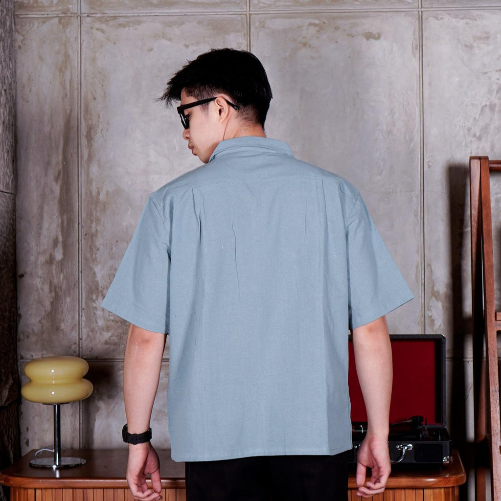 Swipe Up Kemeja Linen Oversize Cuban Bowling Shirt Linen Premium Kerah Lengan Pendek Sage