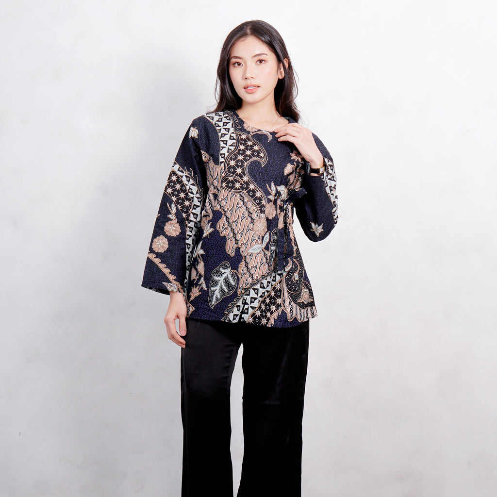 Swipe Up Kemeja Batik Blouse Wanita Modern Akai Navy Cream