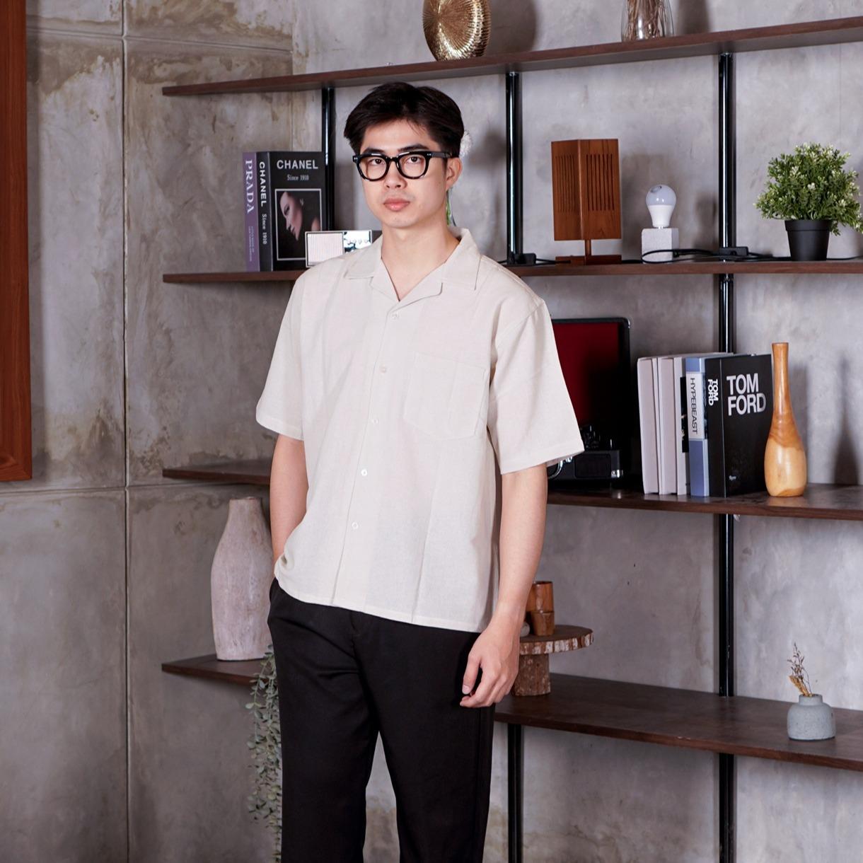 Swipe Up Kemeja Linen Oversize Cuban Bowling Shirt Linen Premium Kerah Lengan Pendek Cream