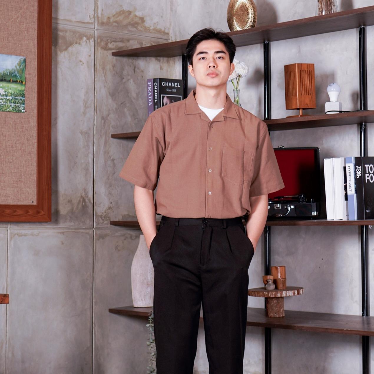 Swipe Up Kemeja Linen Oversize Cuban Bowling Shirt Linen Premium Kerah Lengan Pendek Coklat