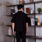 Swipe Up Kemeja Linen Oversize Cuban Bowling Shirt Linen Premium Kerah Lengan Pendek Black