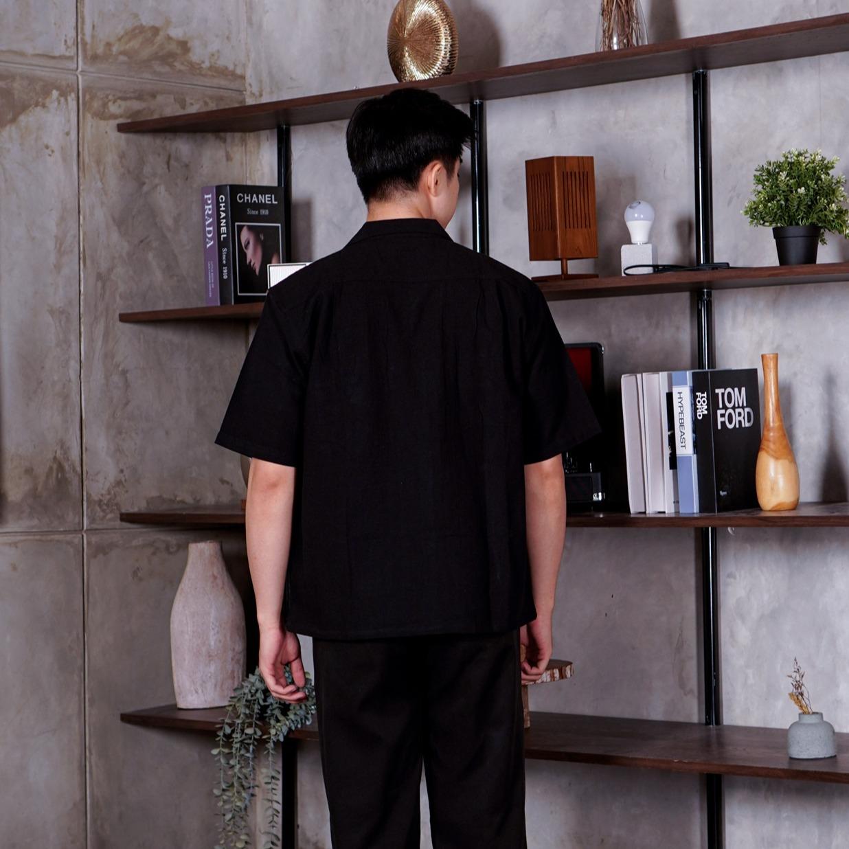 Swipe Up Kemeja Linen Oversize Cuban Bowling Shirt Linen Premium Kerah Lengan Pendek Black