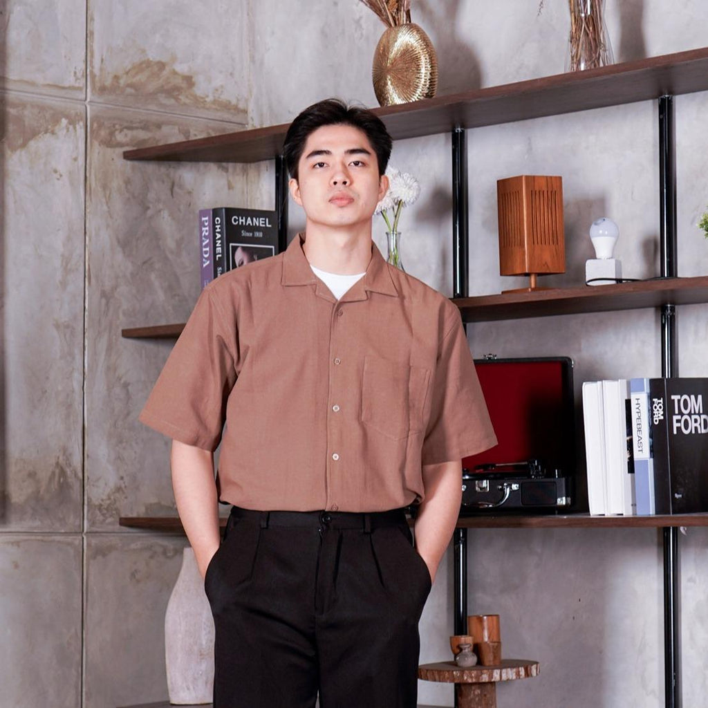 Swipe Up Kemeja Linen Oversize Cuban Bowling Shirt Linen Premium Kerah Lengan Pendek Coklat