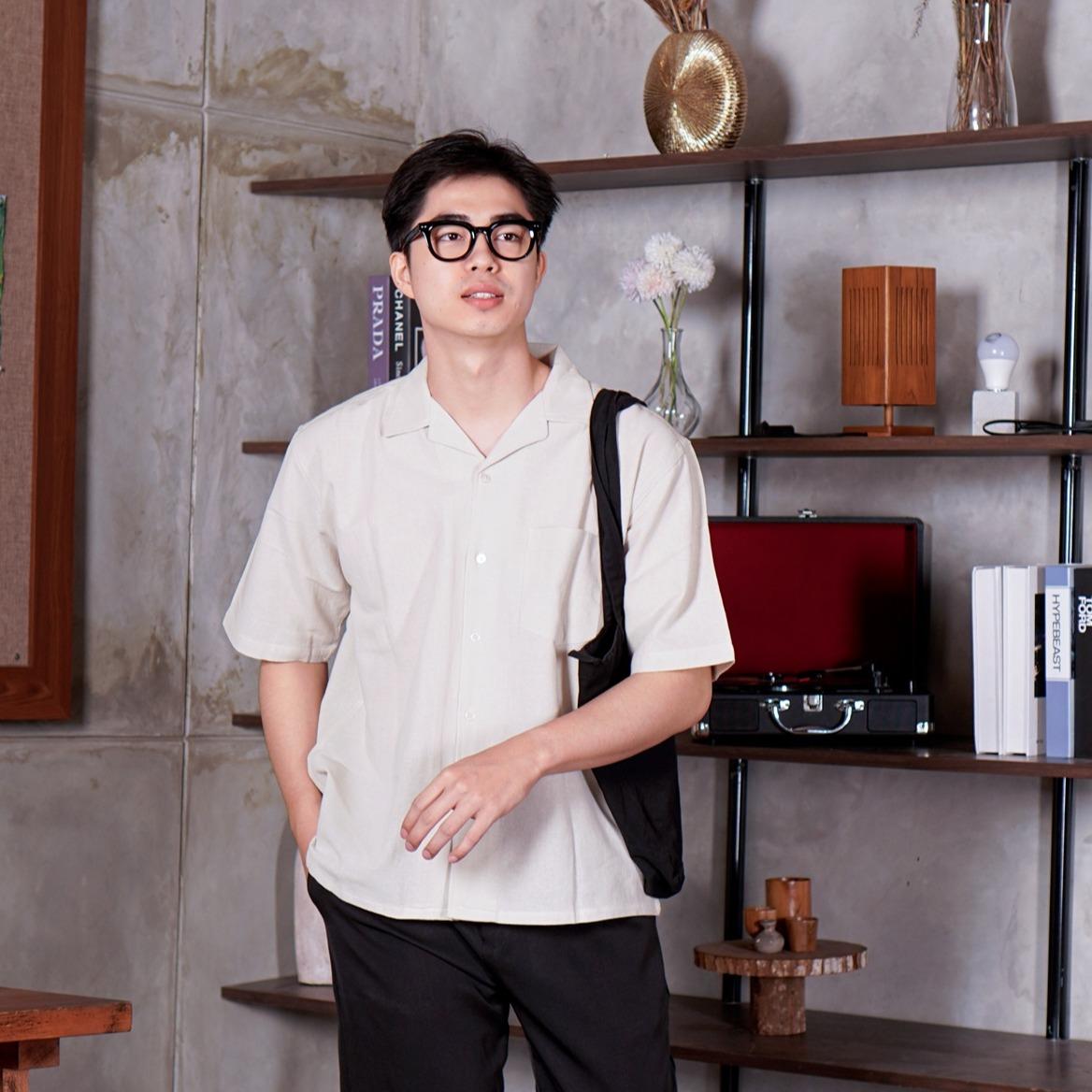 Swipe Up Kemeja Linen Oversize Cuban Bowling Shirt Linen Premium Kerah Lengan Pendek Beige