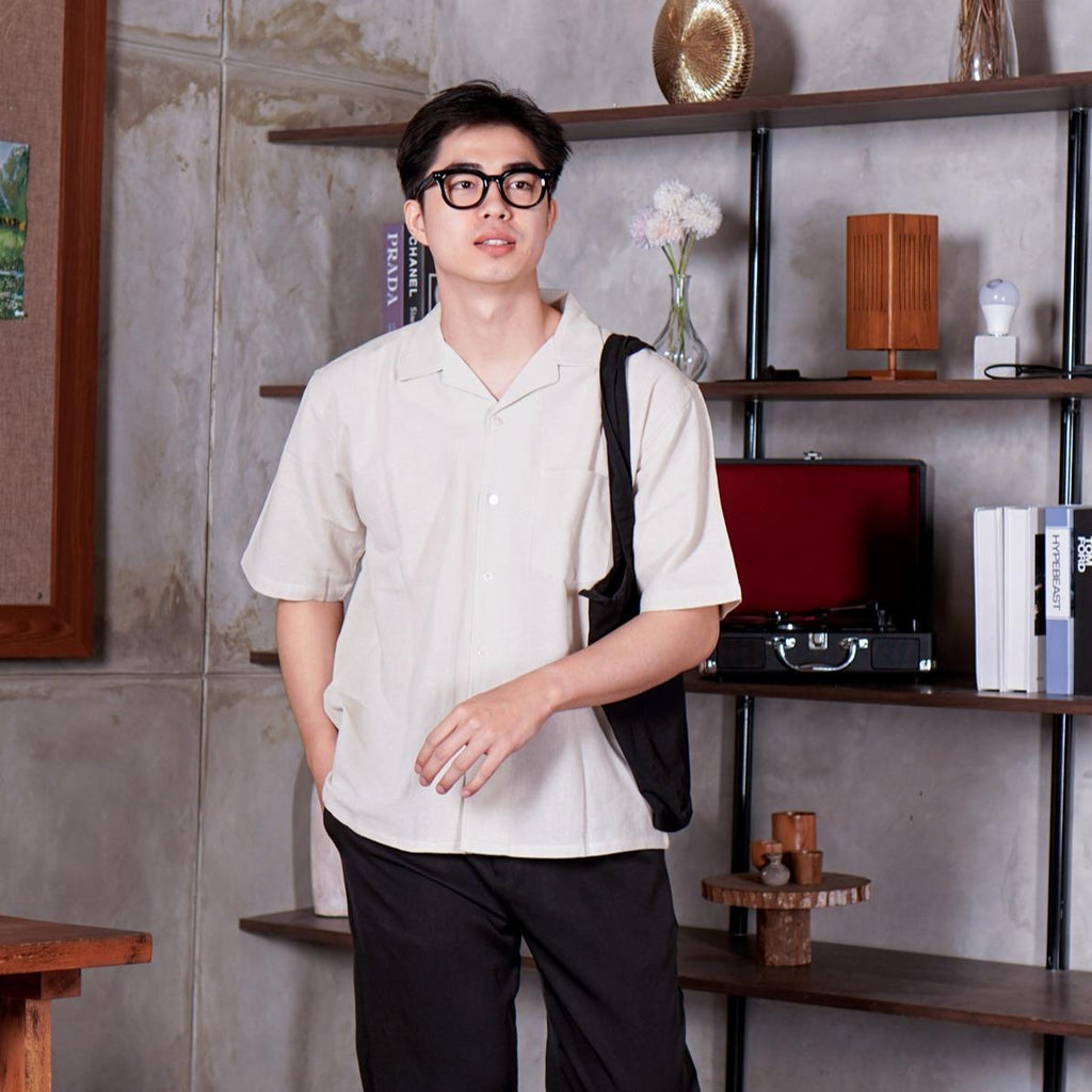 Swipe Up Kemeja Linen Oversize Cuban Bowling Shirt Linen Premium Kerah Lengan Pendek Cream