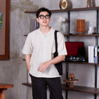 Swipe Up Kemeja Linen Oversize Cuban Bowling Shirt Linen Premium Kerah Lengan Pendek Cream