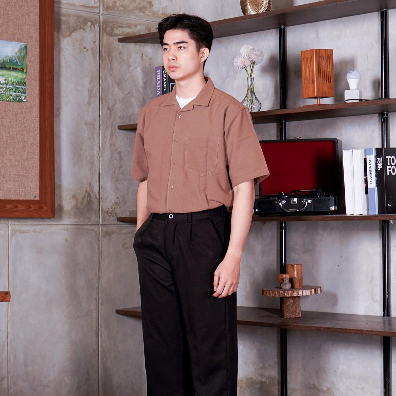 Swipe Up Kemeja Linen Oversize Cuban Bowling Shirt Linen Premium Kerah Lengan Pendek Coklat