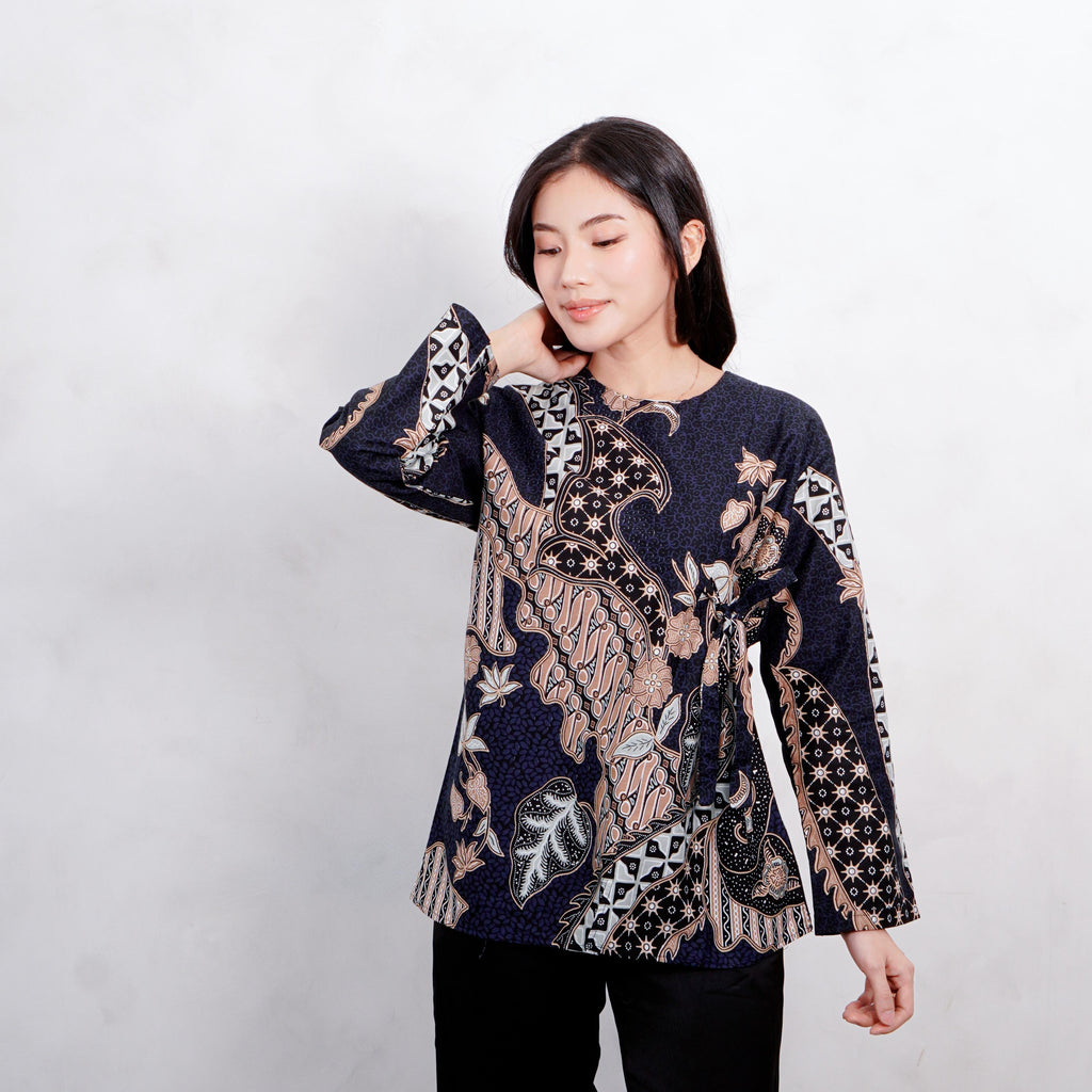Swipe Up Kemeja Batik Blouse Wanita Modern Akai Navy Cream