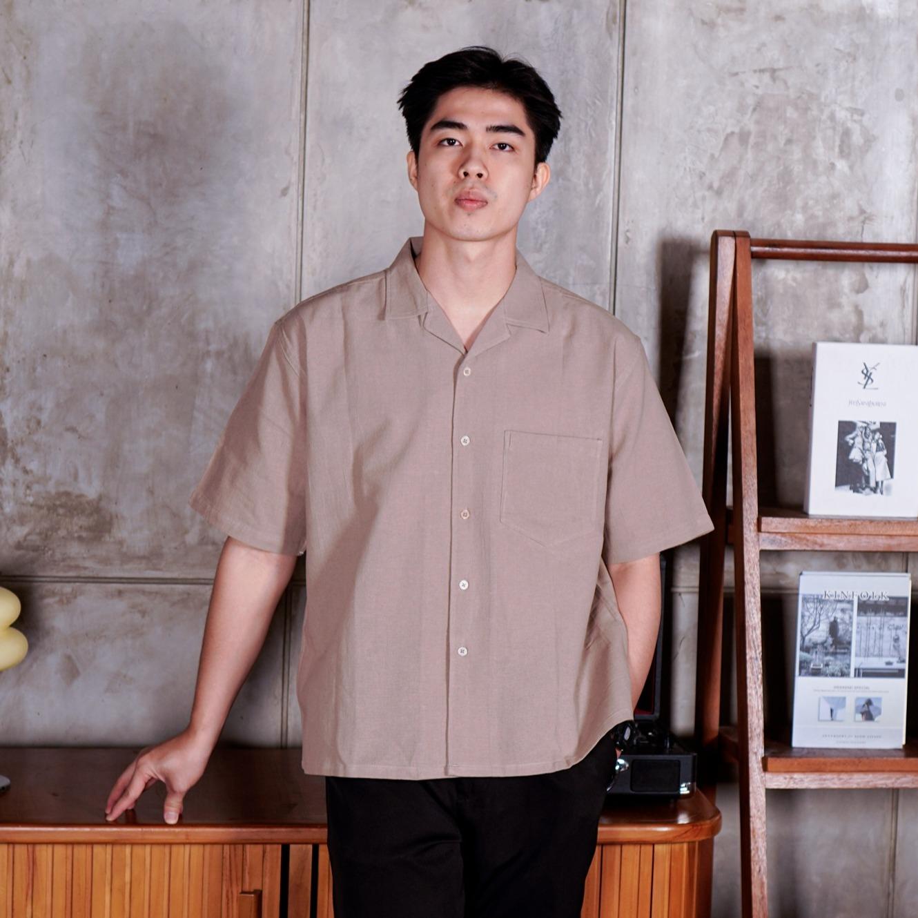 Swipe Up Kemeja Linen Oversize Cuban Bowling Shirt Linen Premium Kerah Lengan Pendek Beige