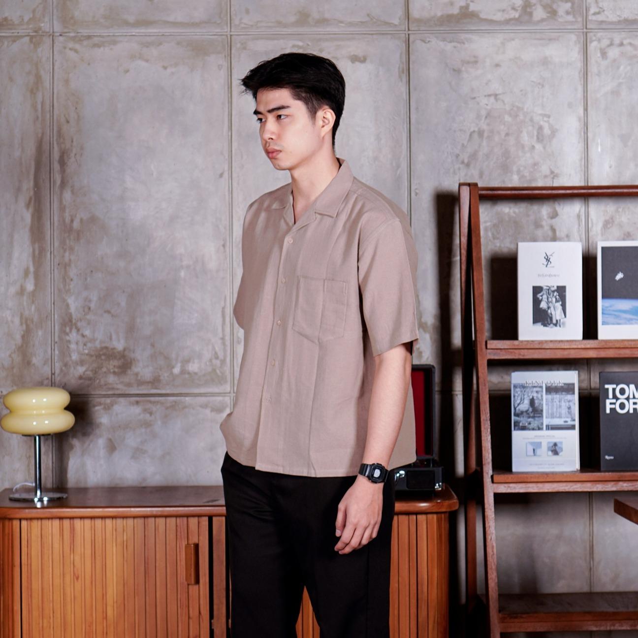 Swipe Up Kemeja Linen Oversize Cuban Bowling Shirt Linen Premium Kerah Lengan Pendek Beige