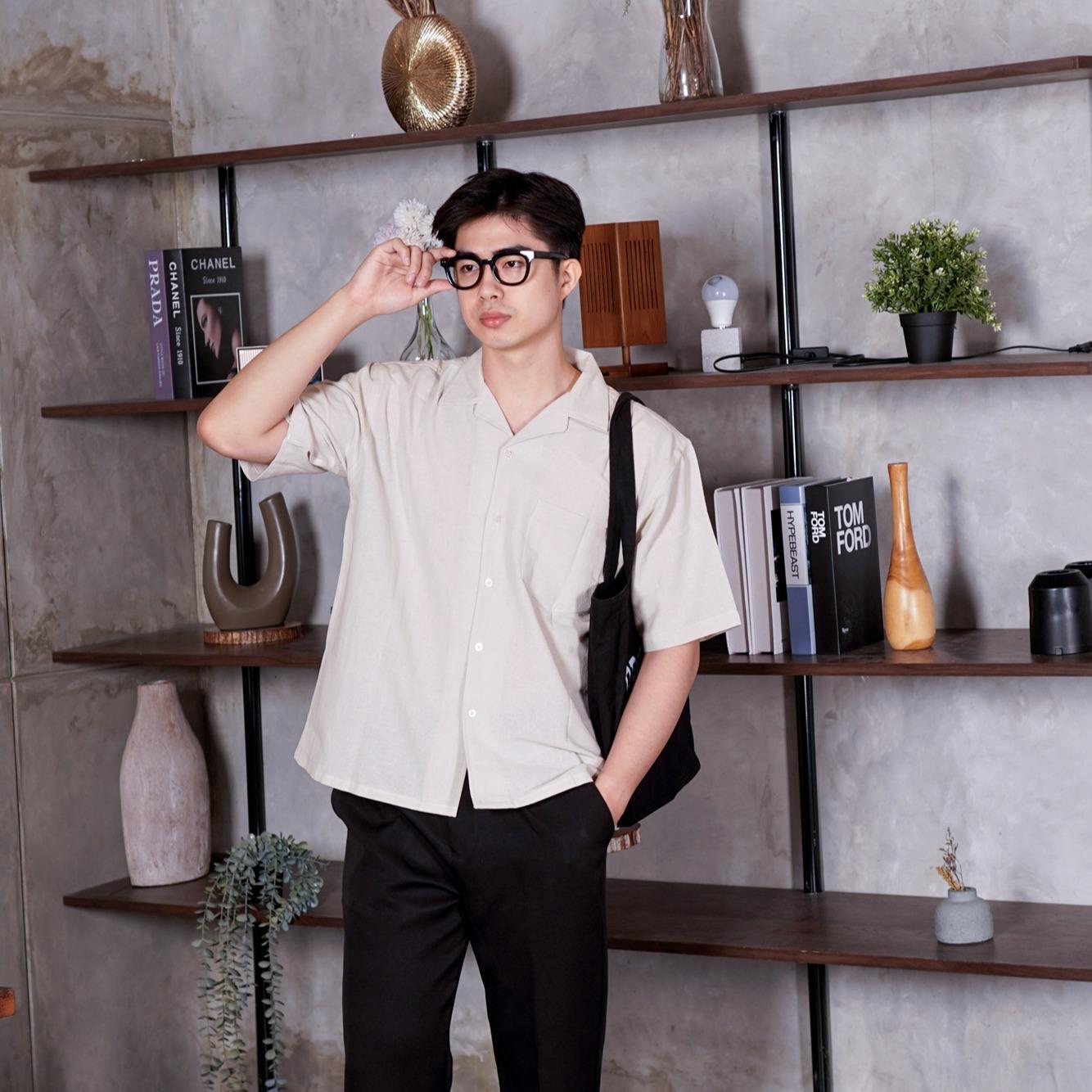 Swipe Up Kemeja Linen Oversize Cuban Bowling Shirt Linen Premium Kerah Lengan Pendek Cream