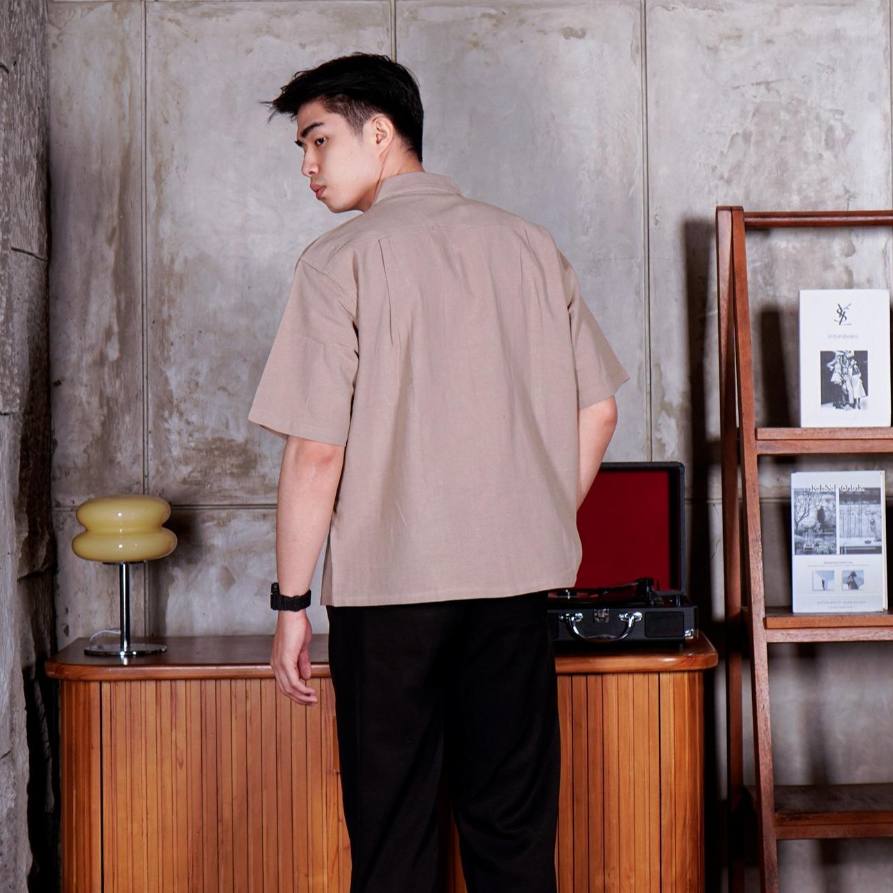 Swipe Up Kemeja Linen Oversize Cuban Bowling Shirt Linen Premium Kerah Lengan Pendek Beige