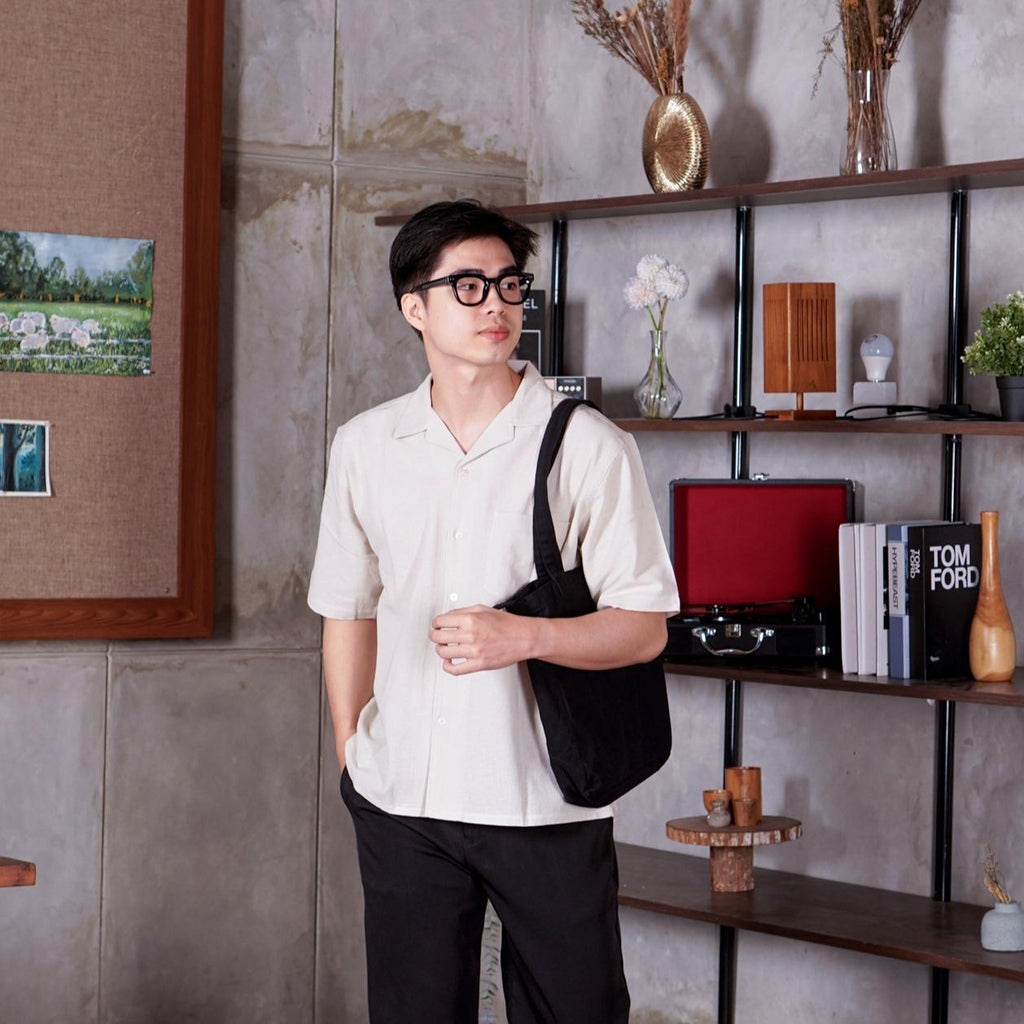 Swipe Up Kemeja Linen Oversize Cuban Bowling Shirt Linen Premium Kerah Lengan Pendek Cream