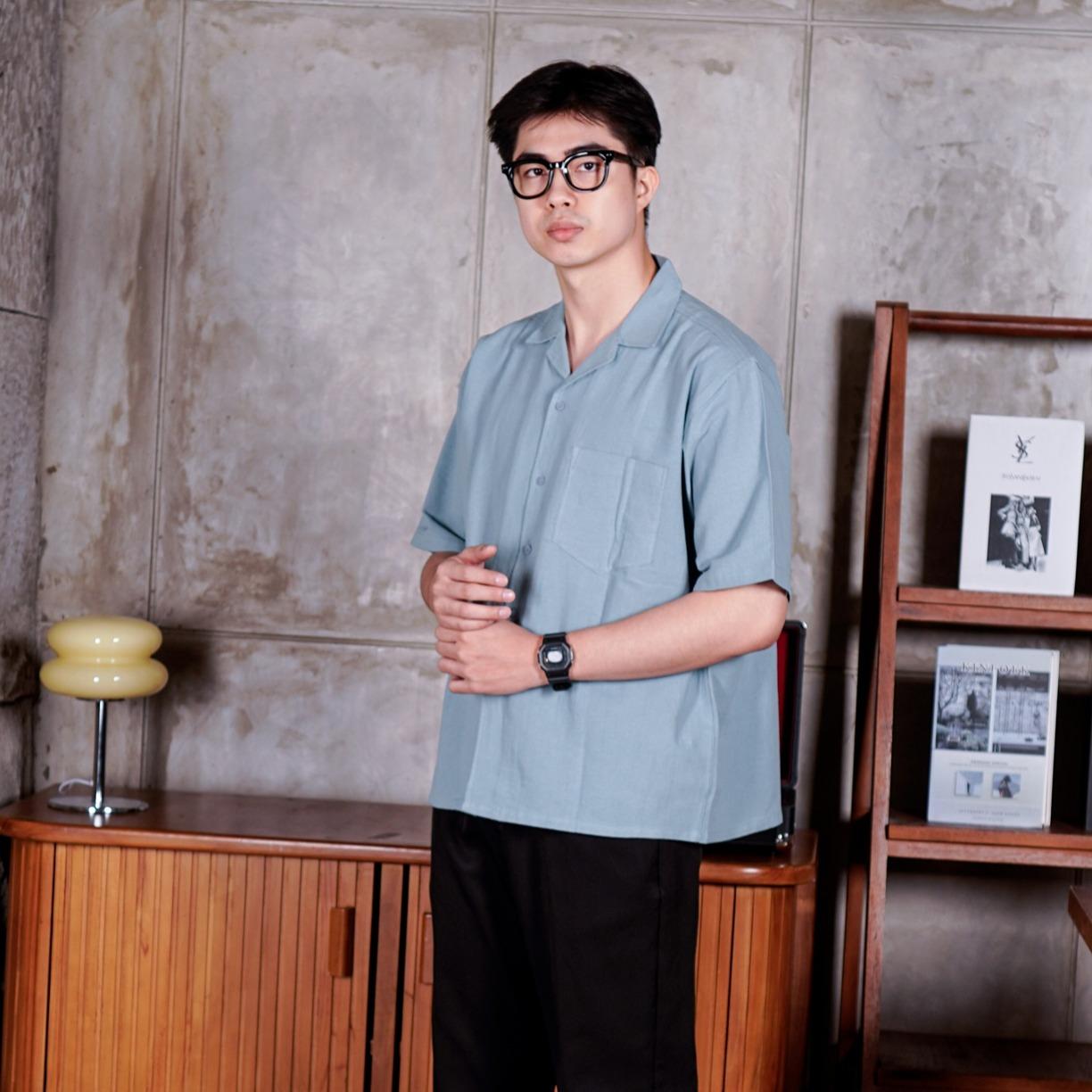 Swipe Up Kemeja Linen Oversize Cuban Bowling Shirt Linen Premium Kerah Lengan Pendek Sage