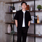 Swipe Up Kemeja Linen Oversize Cuban Bowling Shirt Linen Premium Kerah Lengan Pendek Black