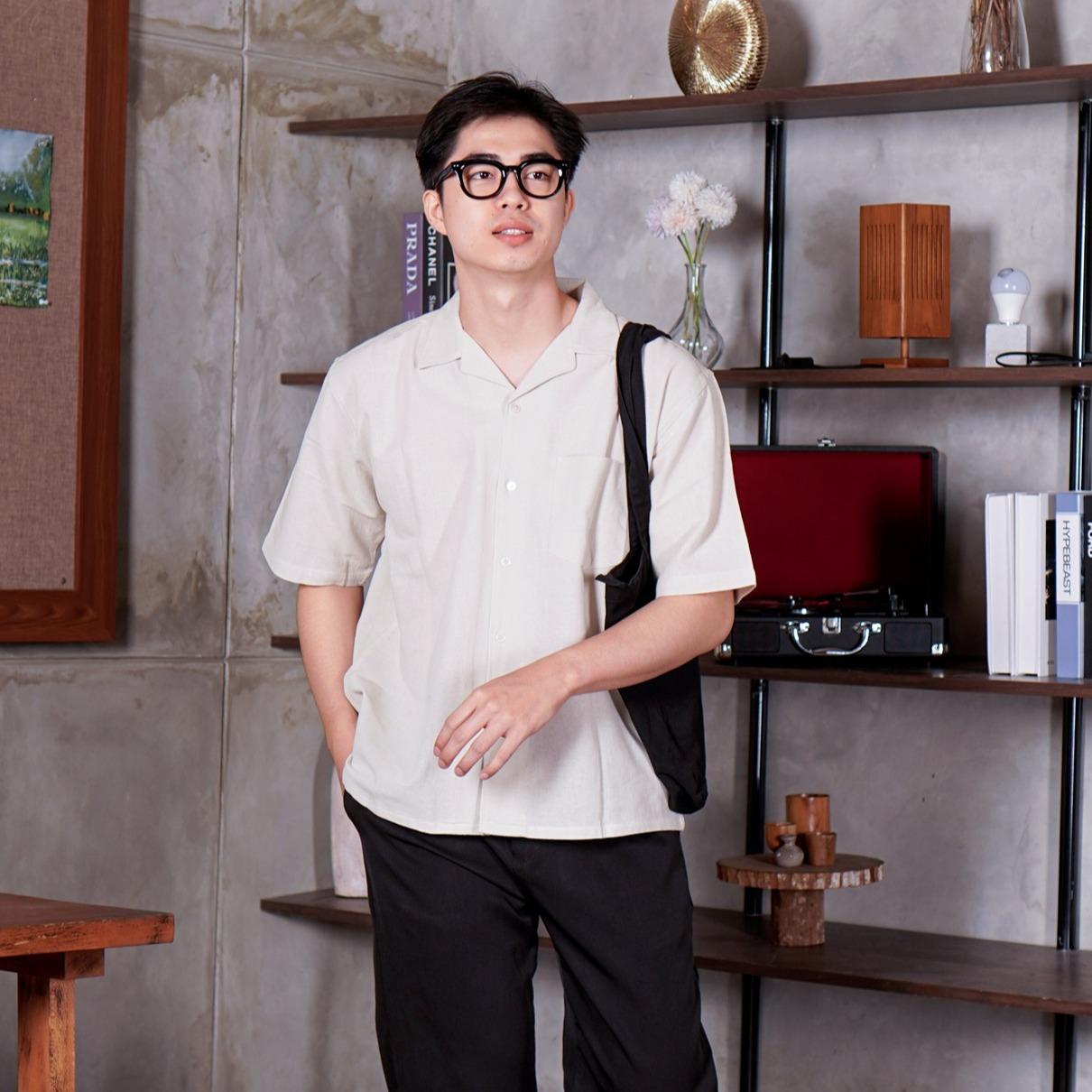 Swipe Up Kemeja Linen Oversize Cuban Bowling Shirt Linen Premium Kerah Lengan Pendek Sage
