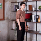Swipe Up Kemeja Linen Oversize Cuban Bowling Shirt Linen Premium Kerah Lengan Pendek Coklat