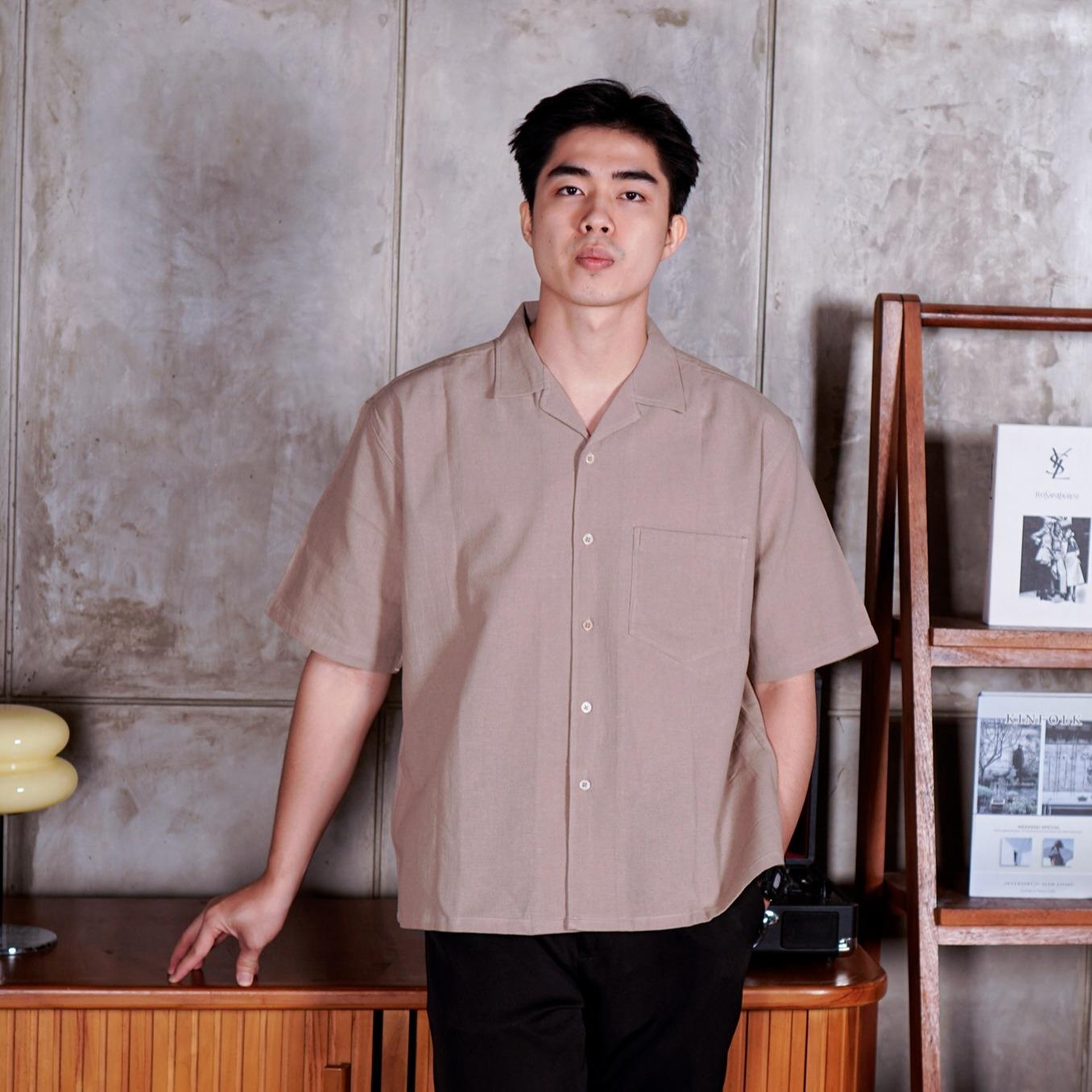 Swipe Up Kemeja Linen Oversize Cuban Bowling Shirt Linen Premium Kerah Lengan Pendek Beige