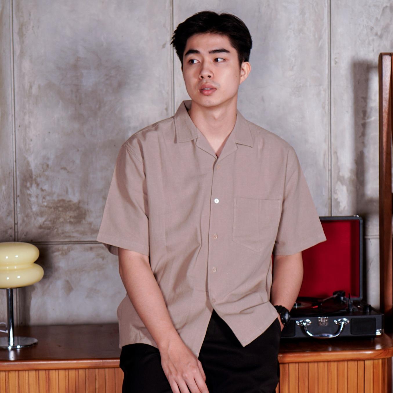 Swipe Up Kemeja Linen Oversize Cuban Bowling Shirt Linen Premium Kerah Lengan Pendek Black