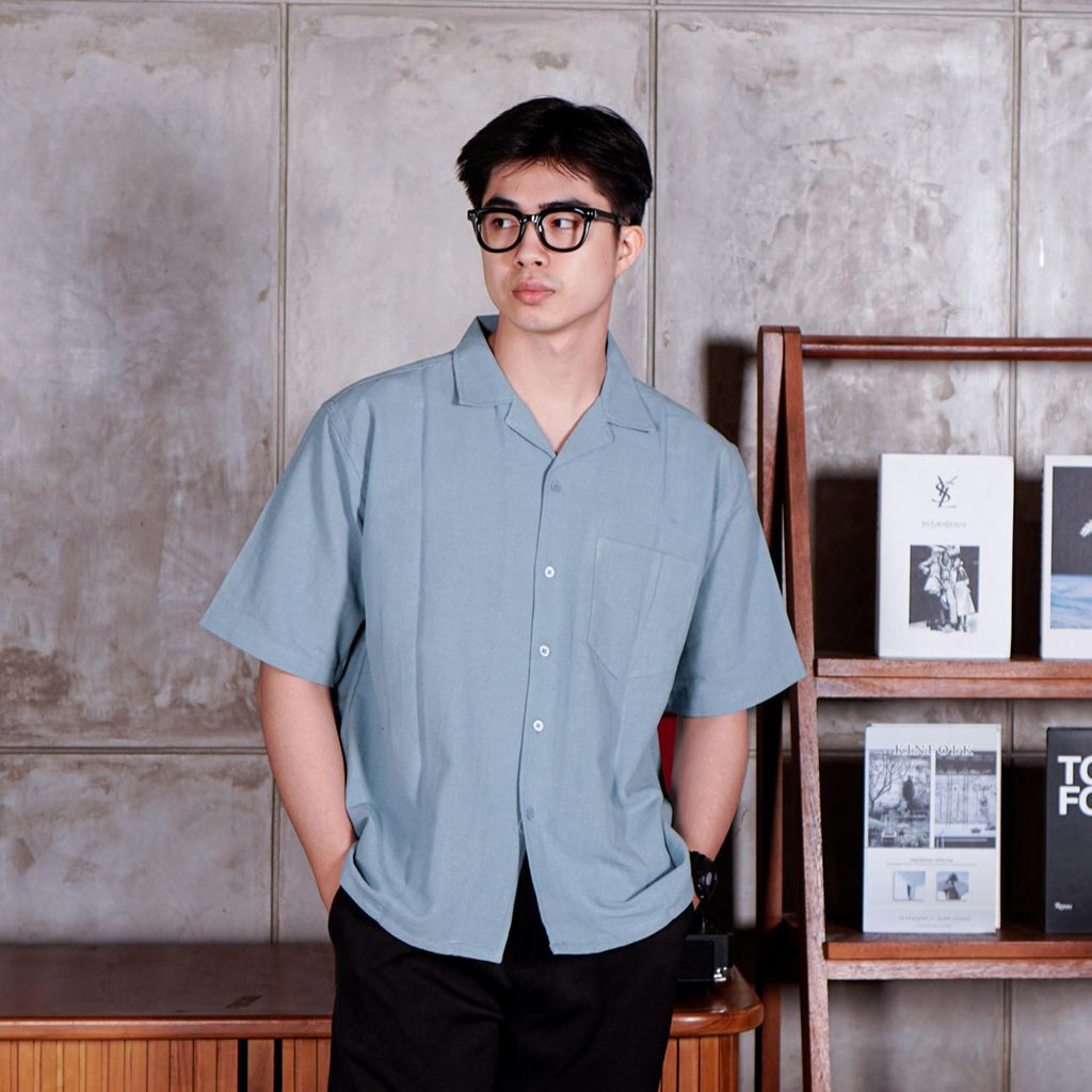 Swipe Up Kemeja Linen Oversize Cuban Bowling Shirt Linen Premium Kerah Lengan Pendek Sage