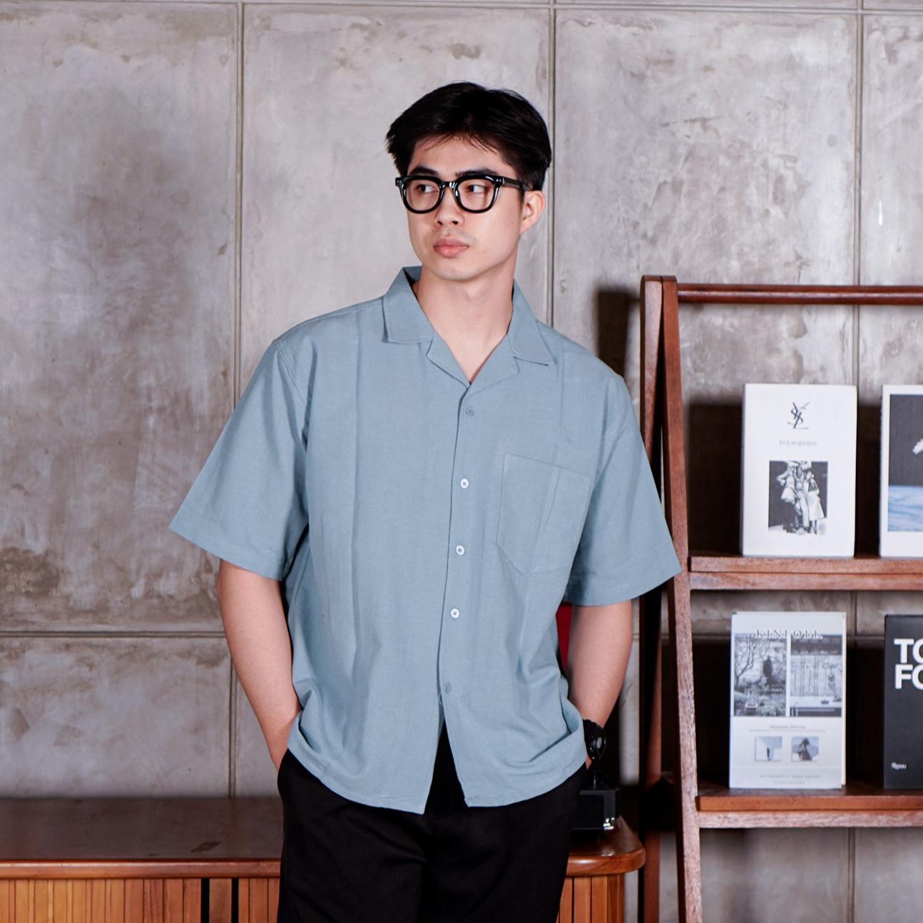 Swipe Up Kemeja Linen Oversize Cuban Bowling Shirt Linen Premium Kerah Lengan Pendek Sage