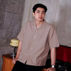 Swipe Up Kemeja Linen Oversize Cuban Bowling Shirt Linen Premium Kerah Lengan Pendek Beige