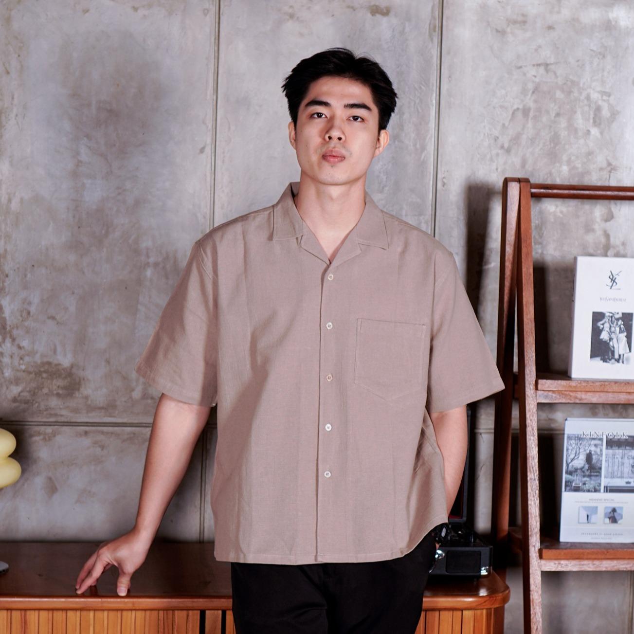 Swipe Up Kemeja Linen Oversize Cuban Bowling Shirt Linen Premium Kerah Lengan Pendek Sage