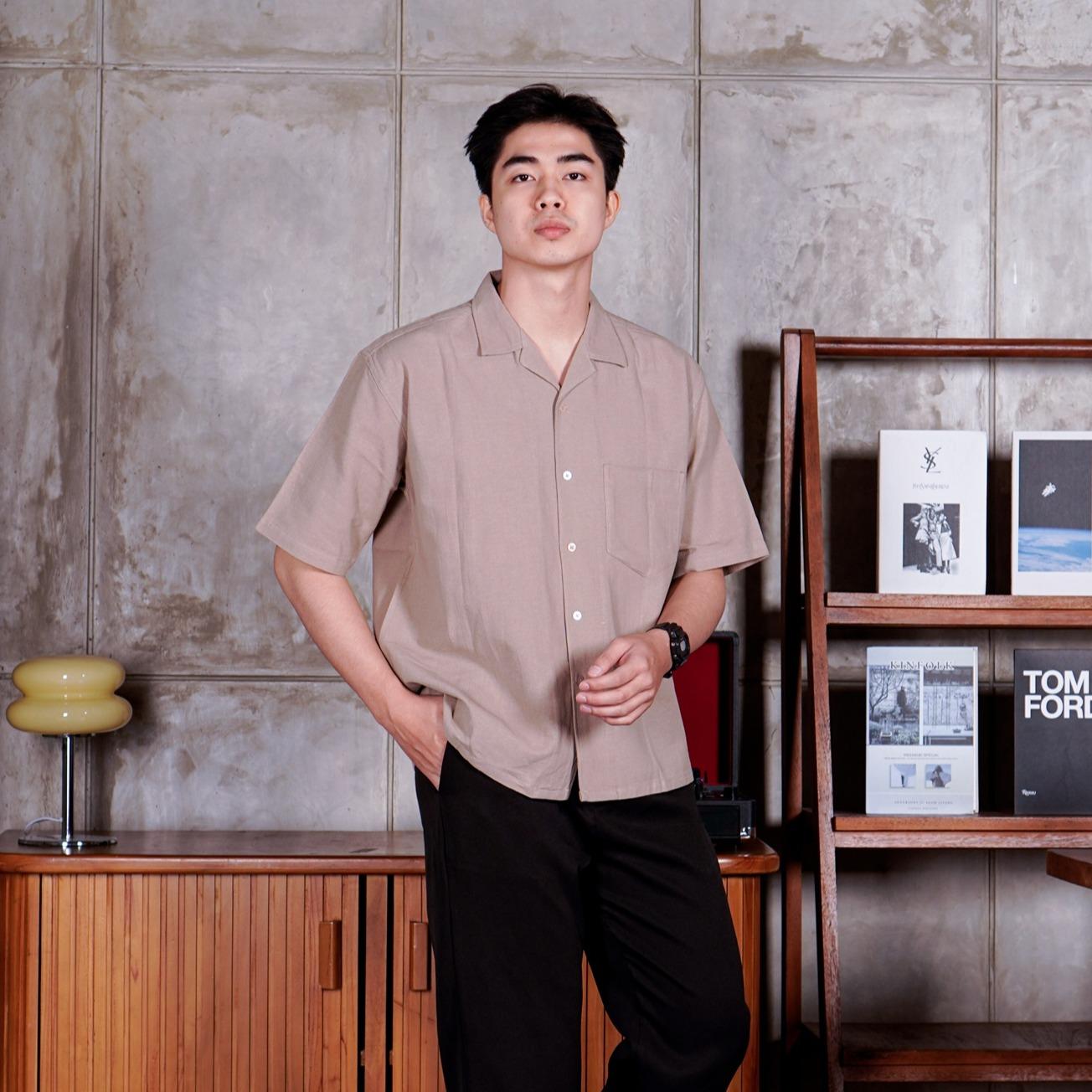 Swipe Up Kemeja Linen Oversize Cuban Bowling Shirt Linen Premium Kerah Lengan Pendek Beige