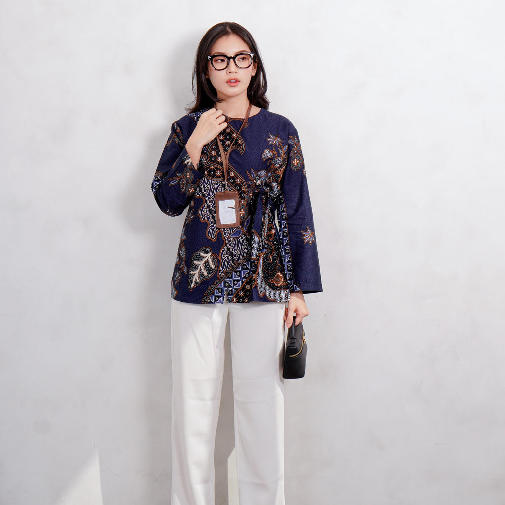 Swipe Up Kemeja Blouse Batik Wanita Modern Akai Navy Brown