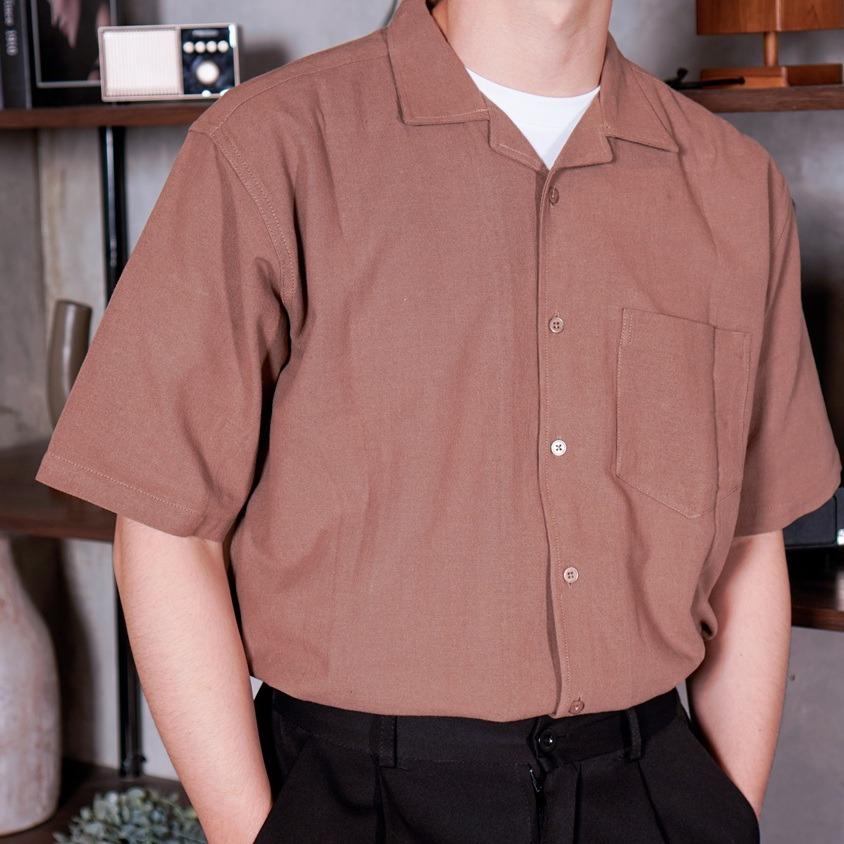 Swipe Up Kemeja Linen Oversize Cuban Bowling Shirt Linen Premium Kerah Lengan Pendek Coklat