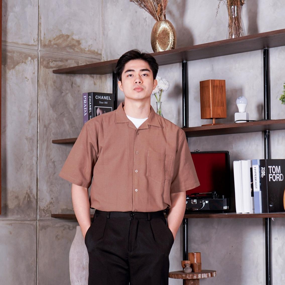 Swipe Up Kemeja Linen Oversize Cuban Bowling Shirt Linen Premium Kerah Lengan Pendek Black