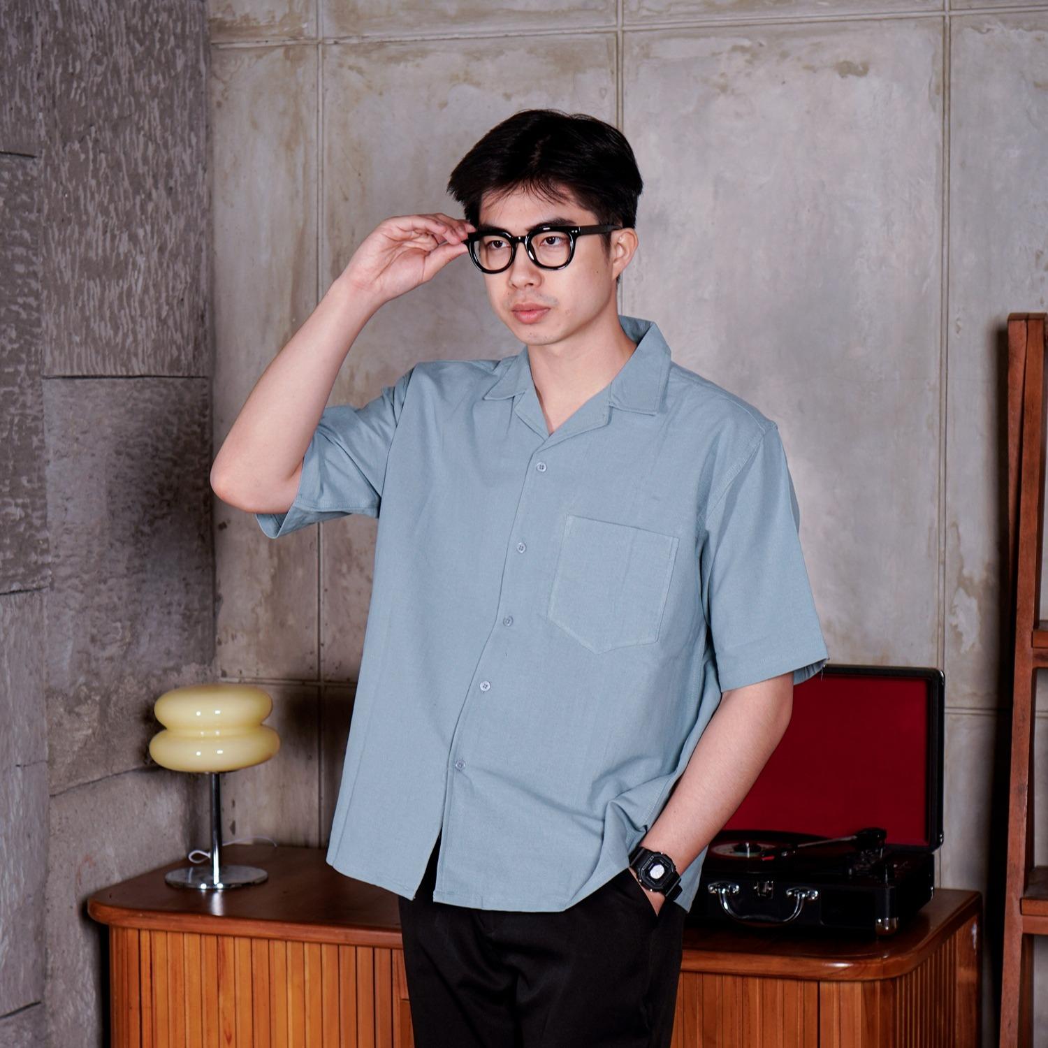 Swipe Up Kemeja Linen Oversize Cuban Bowling Shirt Linen Premium Kerah Lengan Pendek Sage