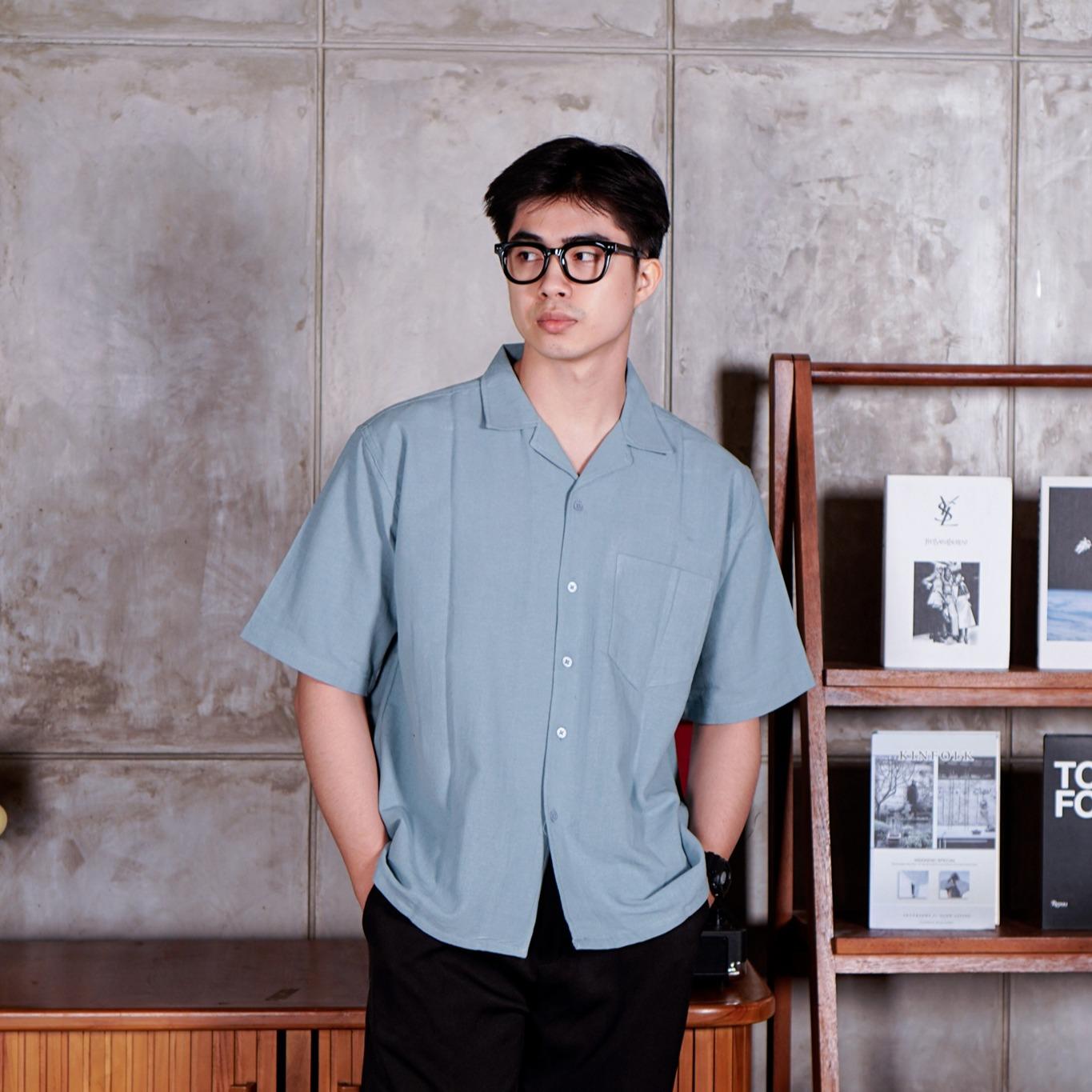 Swipe Up Kemeja Linen Oversize Cuban Bowling Shirt Linen Premium Kerah Lengan Pendek Sage