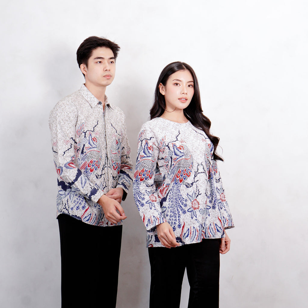Swipe Up Kemeja Batik Couple Pria Wanita Modern Shiroi Blue