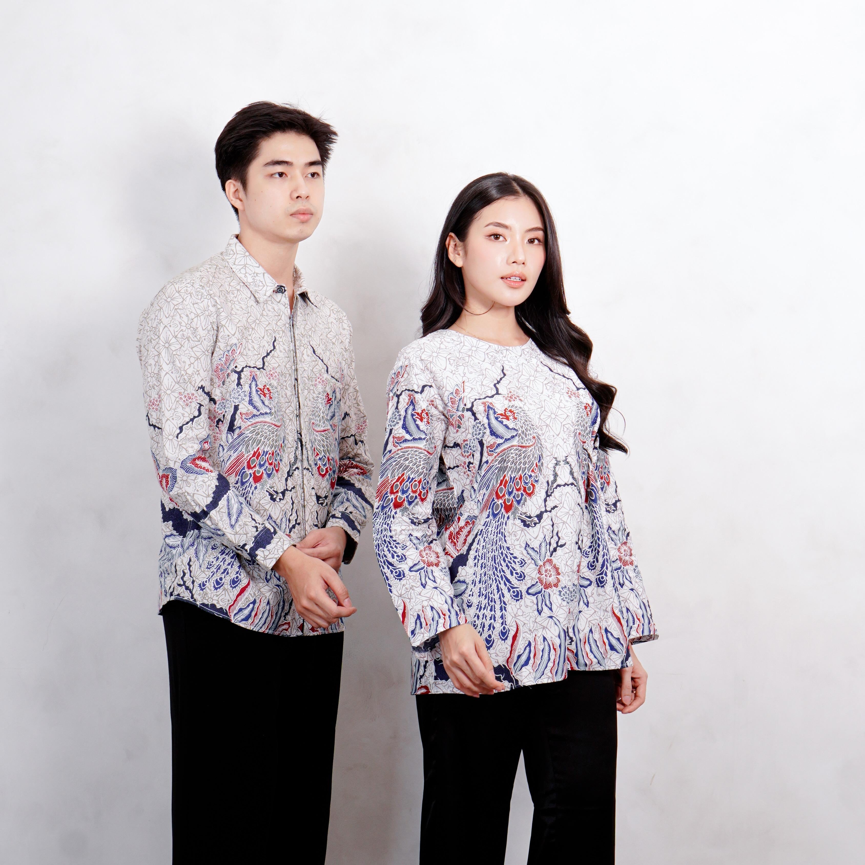 Swipe Up Kemeja Batik Couple Pria Wanita Modern Shiroi Blue