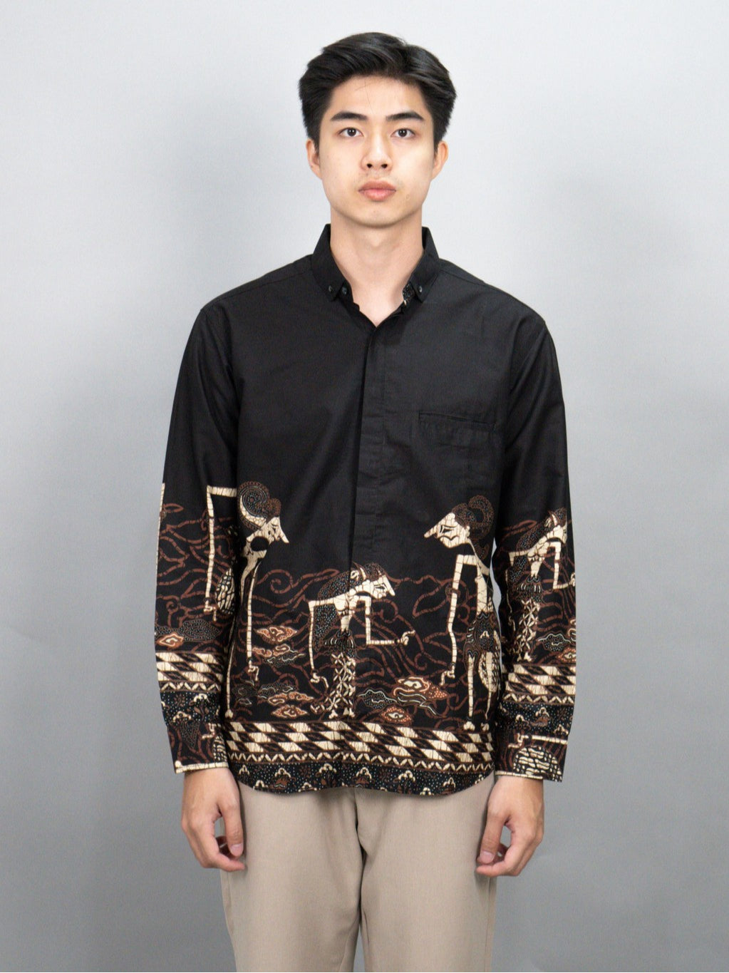 Swipe Up Kemeja Batik Pria Modern Lengan Panjang Arjuna Black Brown