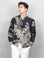 Swipe Up Kemeja Batik Pria Modern Lengan Panjang Akai Navy-Cream
