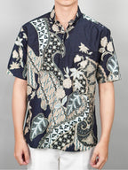 Swipe Up Kemeja Batik Pria Modern Lengan Pendek Akai Navy Cream