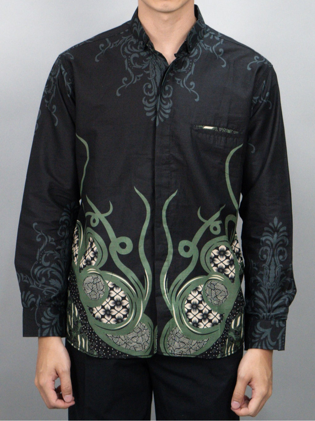 Swipe Up Kemeja Batik Pria Modern Lengan Panjang Krisan